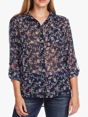 Vince Camuto Navy Floral Sheer Button-Up Blouse